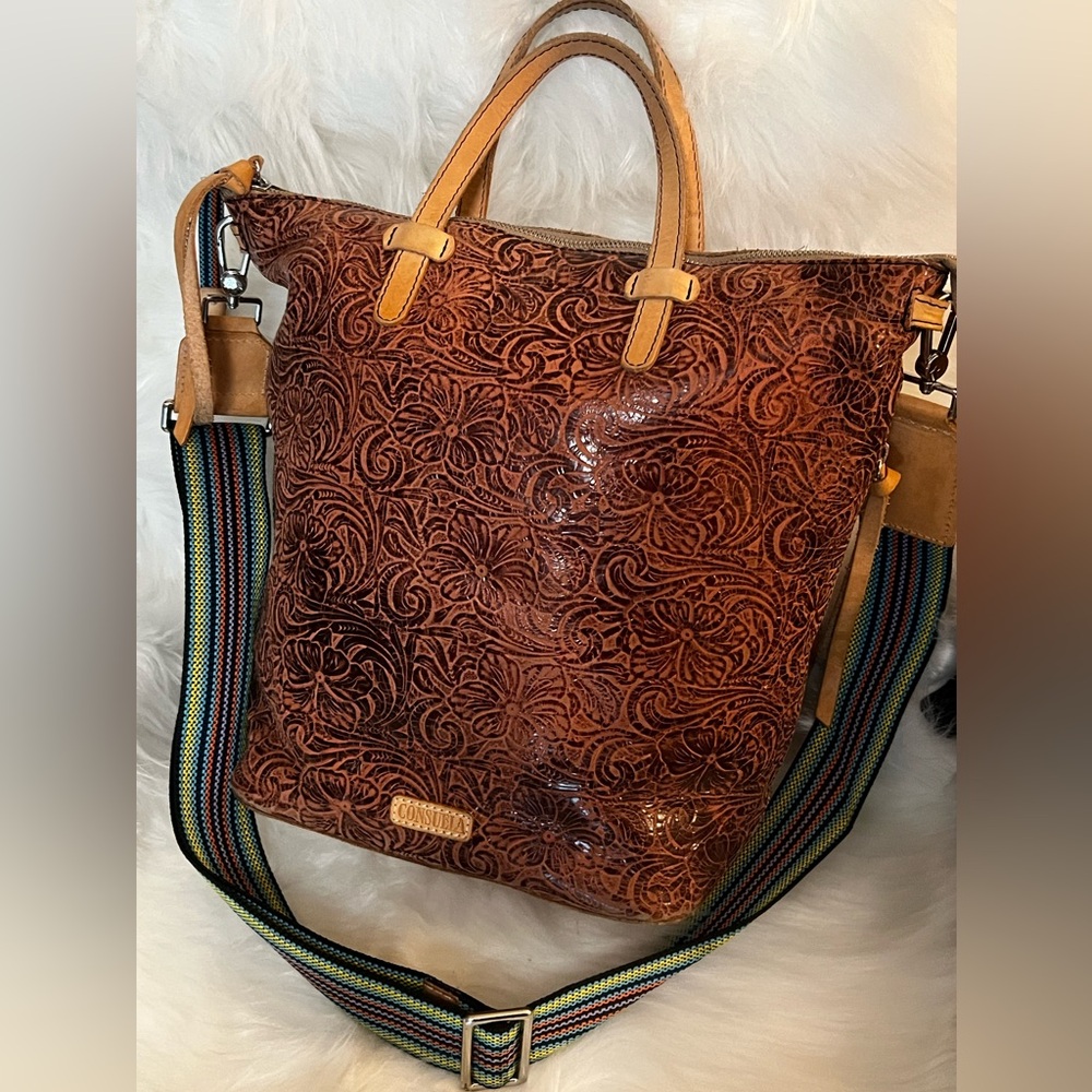 Consuela Embossed Brown Tote with Multicolor Strap
